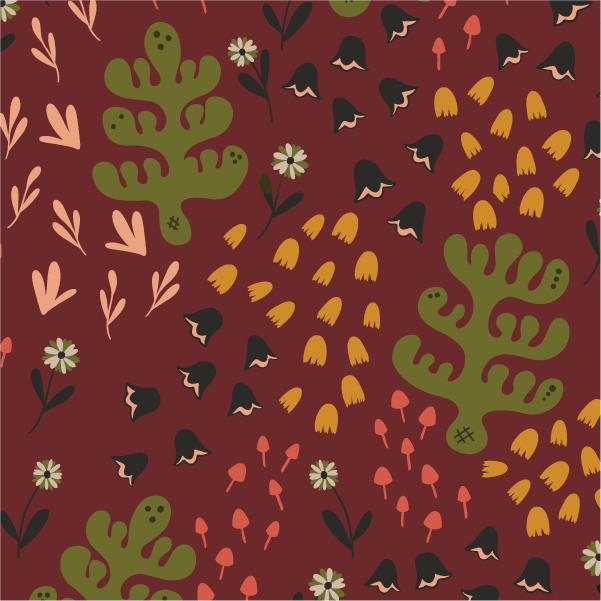 Surface pattern with ferns, flower, and mushrooms
