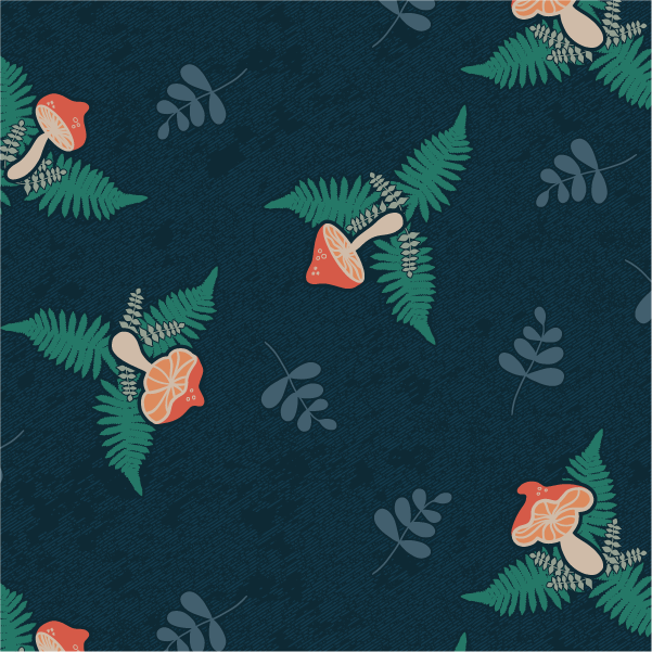 Surface pattern featuring ferns and mushrooms