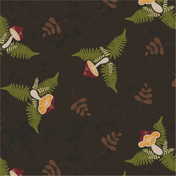 Surface pattern featuring ferns and mushrooms