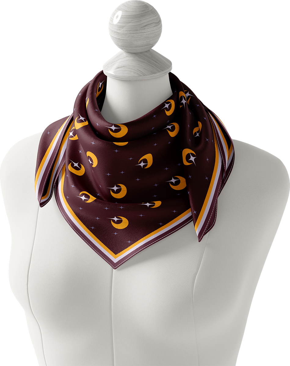Maroon and gold celestial silk scarf on a mannequin.  